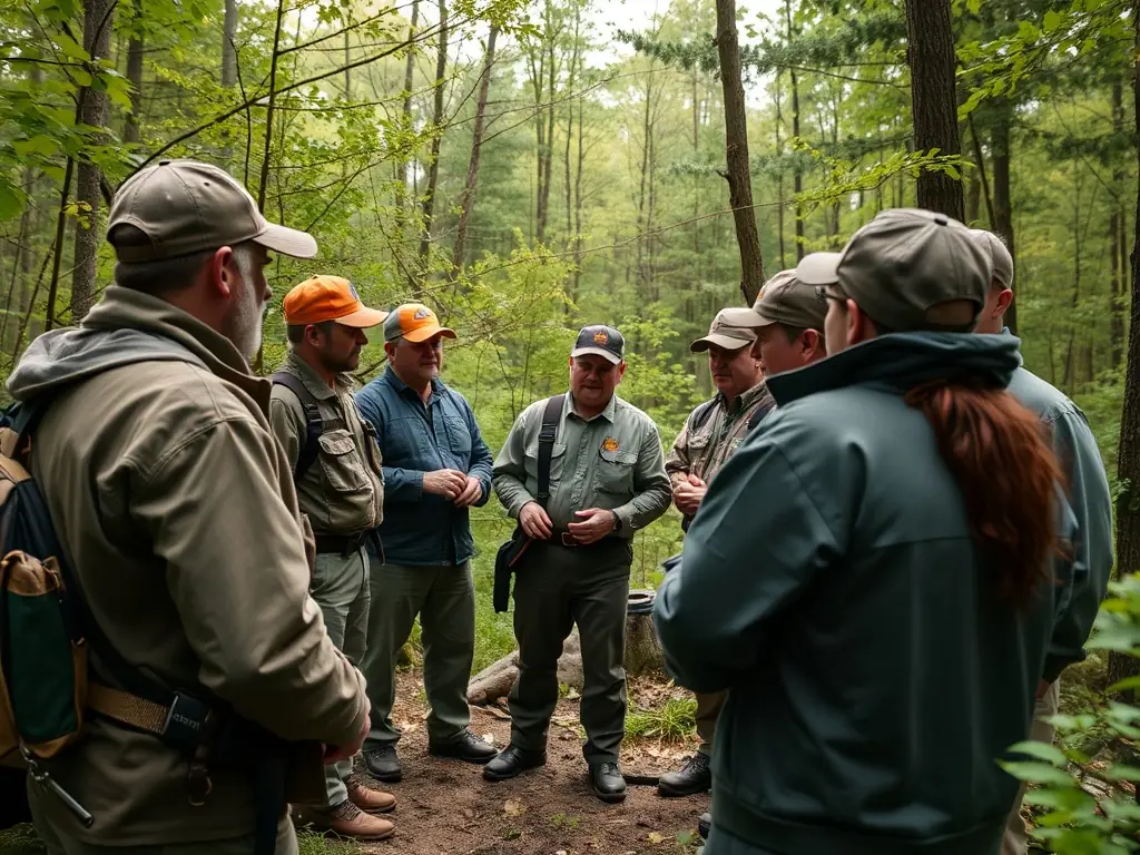 A group of hunters participating in a training session in a forest, learning about responsible hunting practices and wildlife management.