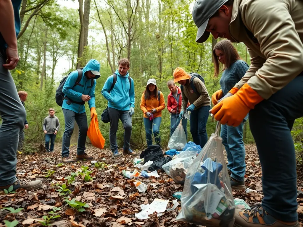 Volunteers cleaning up a forest area, removing litter and debris to improve the habitat for wildlife.