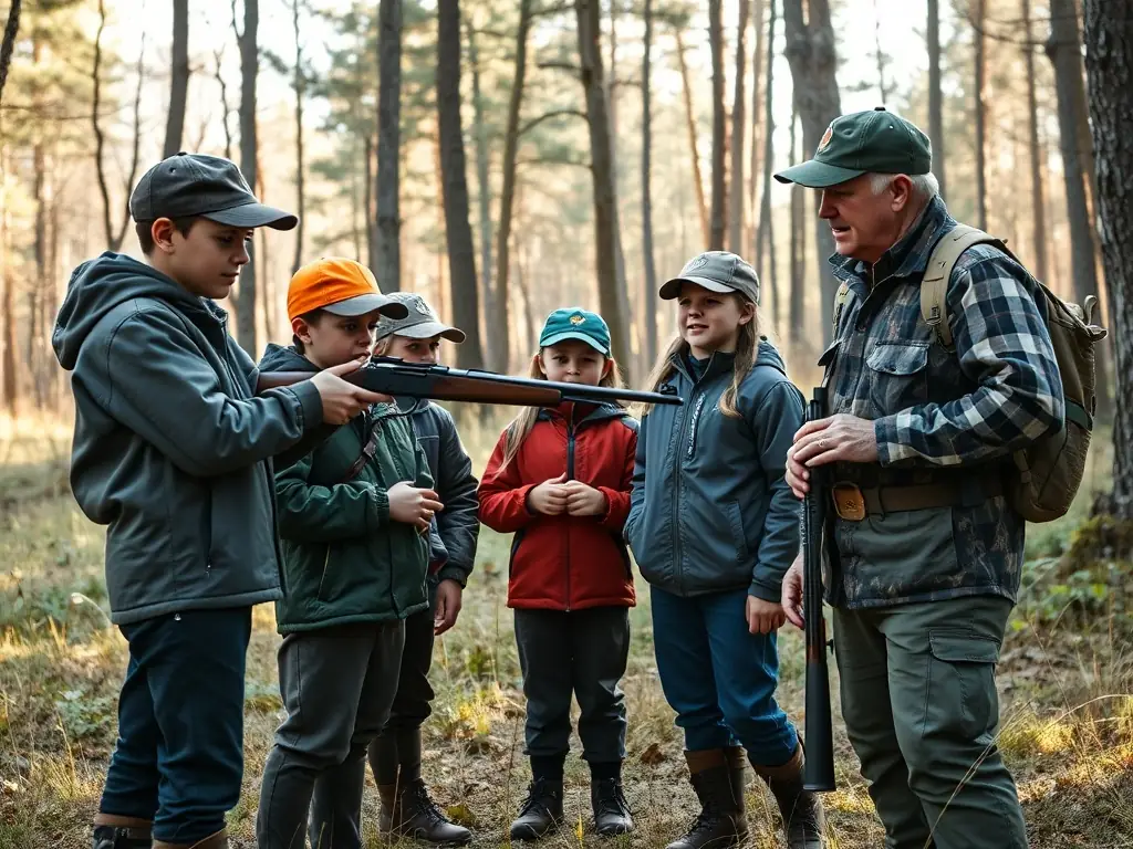 A group of young hunters participating in a mentored hunting program, learning about safe hunting practices and wildlife conservation from experienced mentors.