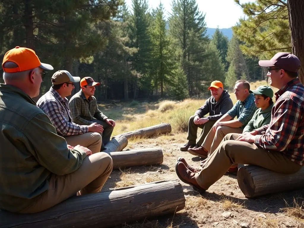 A group of hunters participating in a responsible hunting education workshop, focusing on ethical hunting practices and wildlife management techniques in a natural setting.