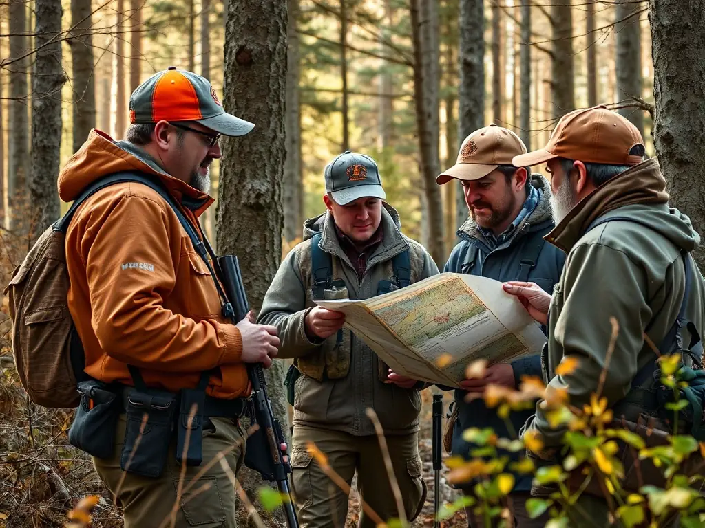 A group of hunters participating in a wildlife management workshop, learning about sustainable hunting practices and conservation efforts in a natural outdoor setting.