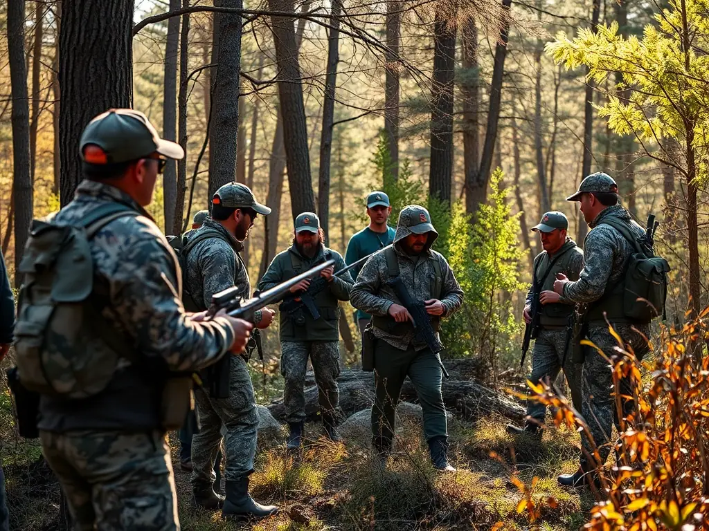 A group of members participating in a guided hunting activity, emphasizing EQUIPAGE DU FOURGAULT's focus on promoting safe and regulated hunting practices.