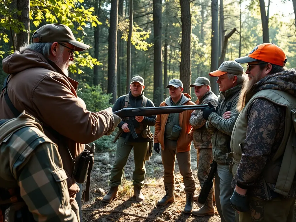 A group of hunters participating in a training session in a natural forest setting, with an instructor demonstrating safety techniques, showcasing EQUIPAGE DU FOURGAULT's commitment to responsible hunting education.