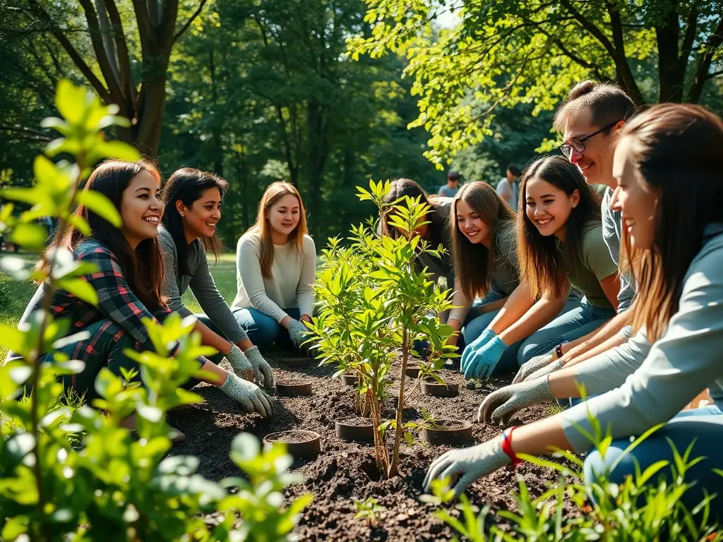Volunteers working together to restore a wildlife habitat, planting native trees and shrubs to support local biodiversity and ecosystem health.